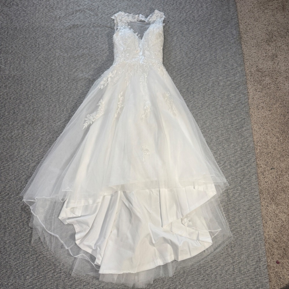 White Floral Lace High-Low Midi Wedding Dress Tulle Overlay Sequin Neckline XS